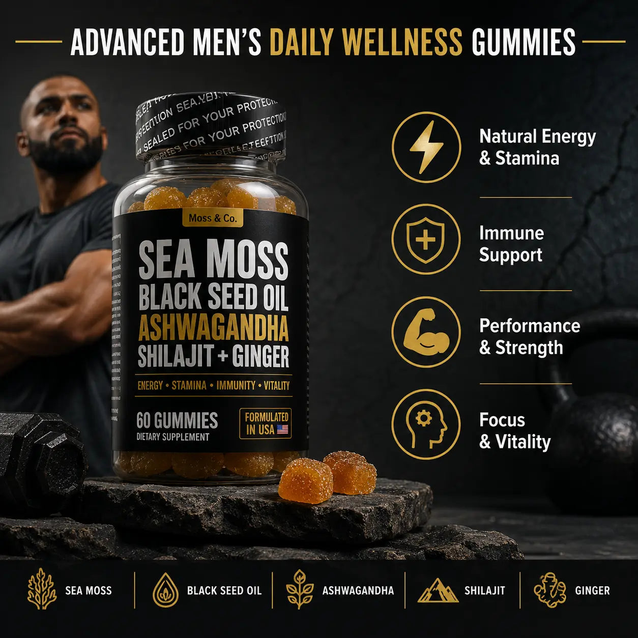 Moss & Co. Sea Moss, Black Seed Oil, Ashwagandha, Shilajit + Ginger Gummies
