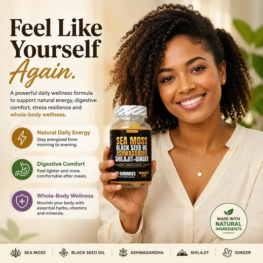 Sea Moss, Black Seed Oil, Ashwagandha, Shilajit + Ginger